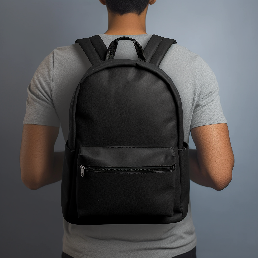 Back view of man in grey t-shirt wearing a minimalist black laptop backpack