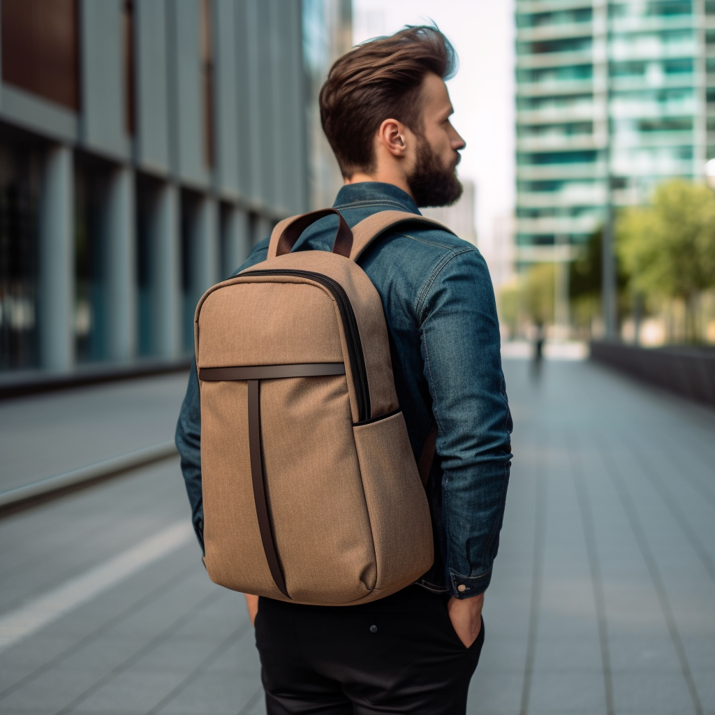 man in smart casual with minimalist canvas and leather laptop backpack