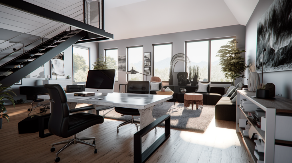 Modern contemporary office space with white walls, modern interior design with windows overlooking the trees