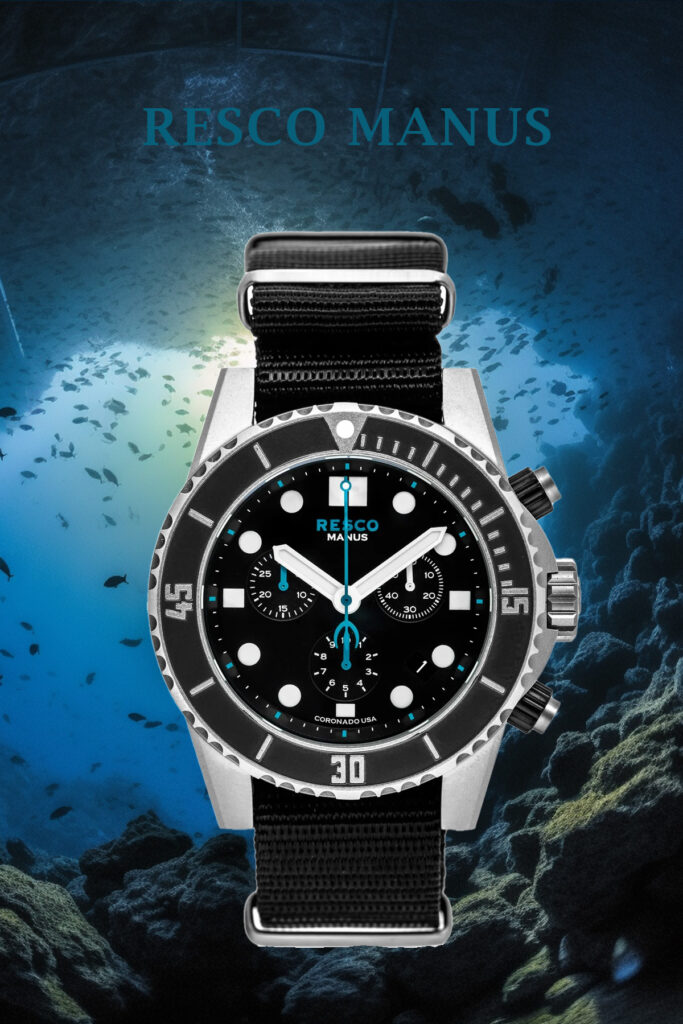 Resco Watches Manus watch on underwater background image, conservative friendly watch brand