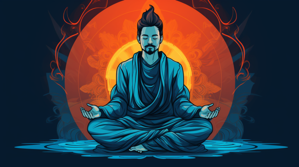 illustrated in cool colors, hindu man meditating, black outline