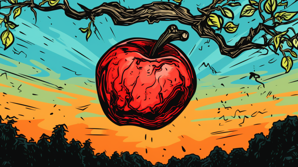illustrated in cool colors, an apple falling from a tree, black outline