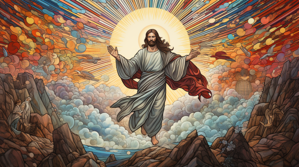 illustrated in cool colors, jesus ascending to heaven, black outline