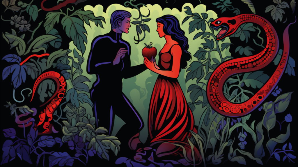 illustrated in cool colors, adam and eve in the garden, snake nearby, black outline