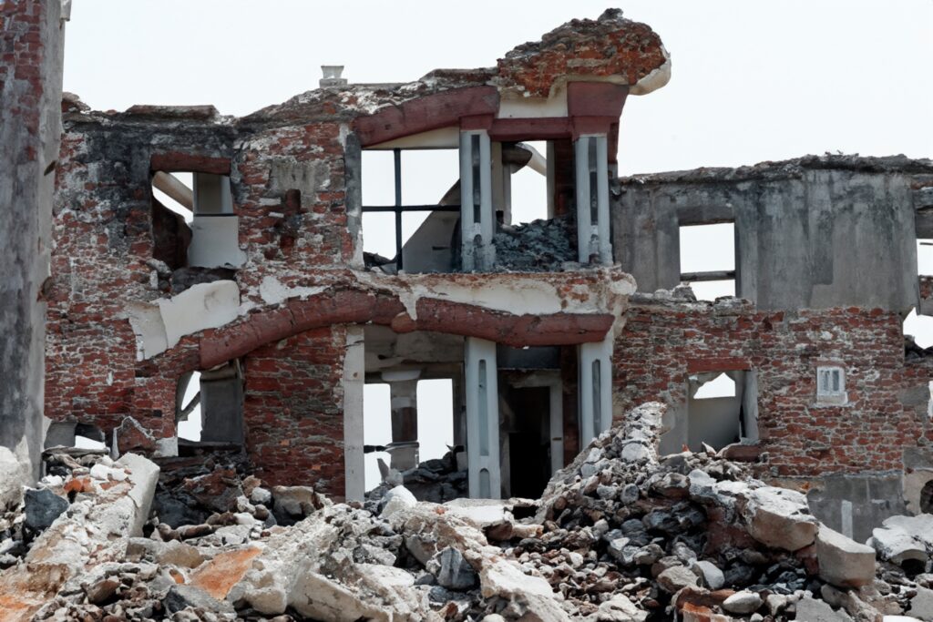 Destroyed building that collapsed from an earthquake. Ruined. Catastrophic zone. Earthquake. Morocco. Rabat. Marrakech. Casablanca. Taliouine. Agadir. Ighil. Al Haouz. Taroudant. Ourika. Ouirgane.