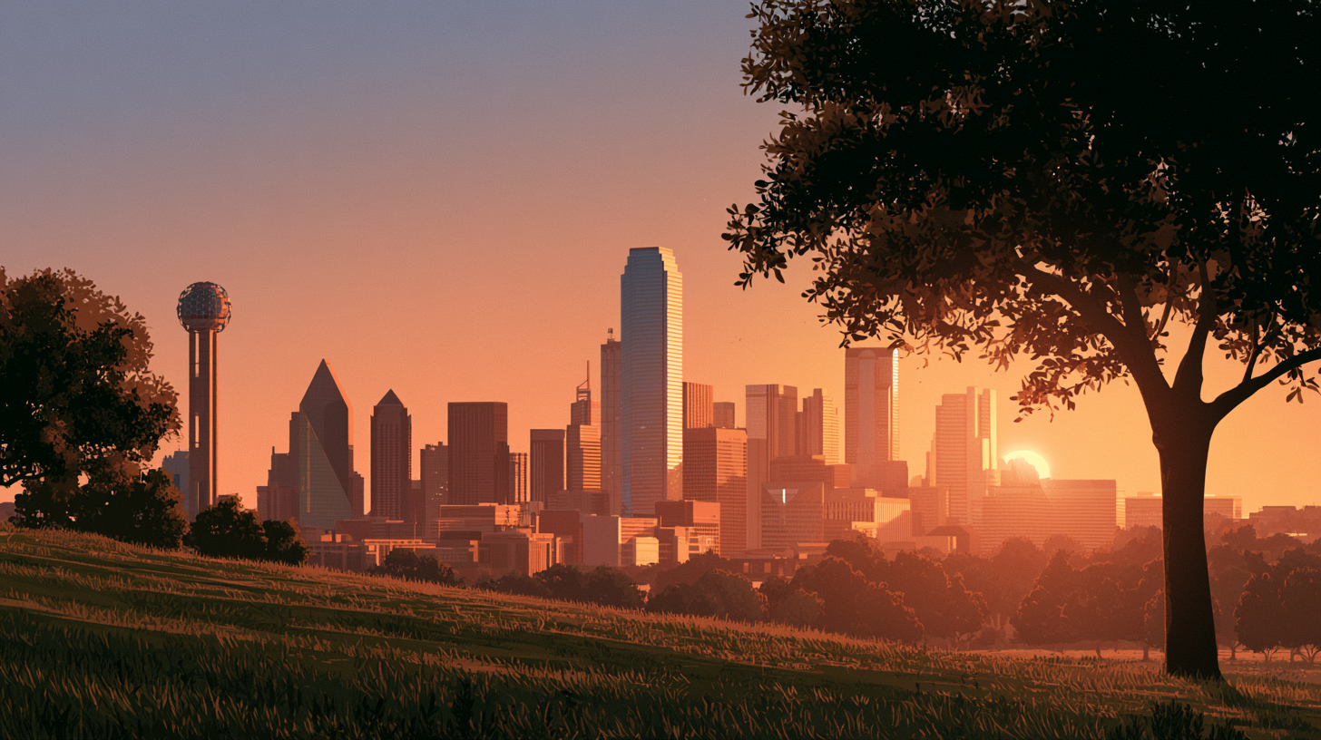 The Dallas skyline at sunset.