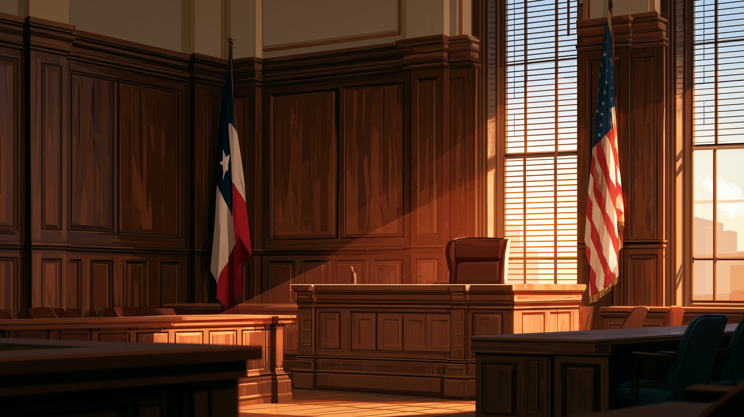 An empty Dallas courtroom.